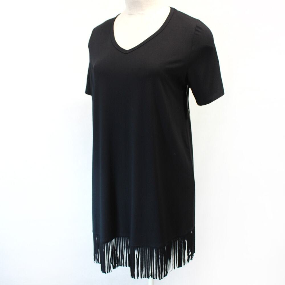 Karen Kane plus V-neck pullover black dress with fringes size 1x Made in USA